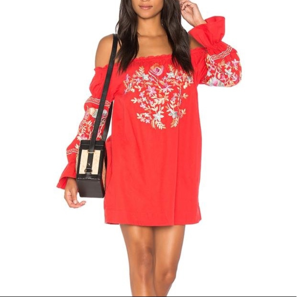 red off the shoulder embroidered dress!!